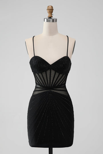 Vestido de regreso a casa con corsé de tirantes finos ajustados negros con abalorios